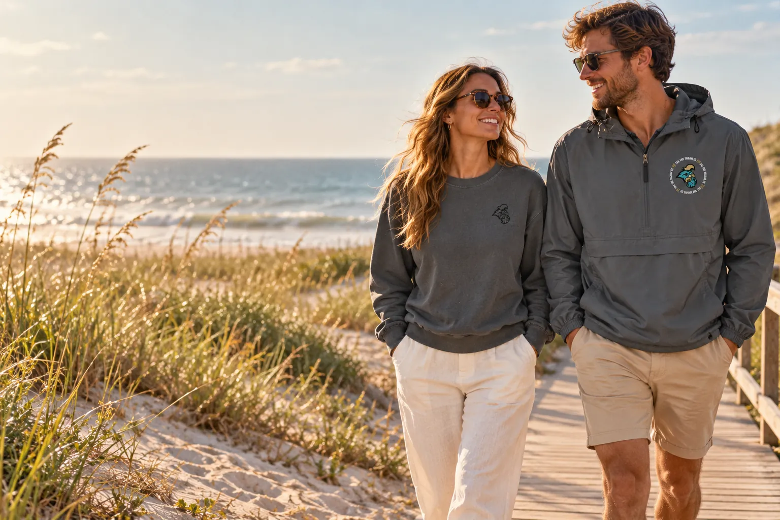 Friends on a sunny coastal boardwalk wearing teal collegiate apparel