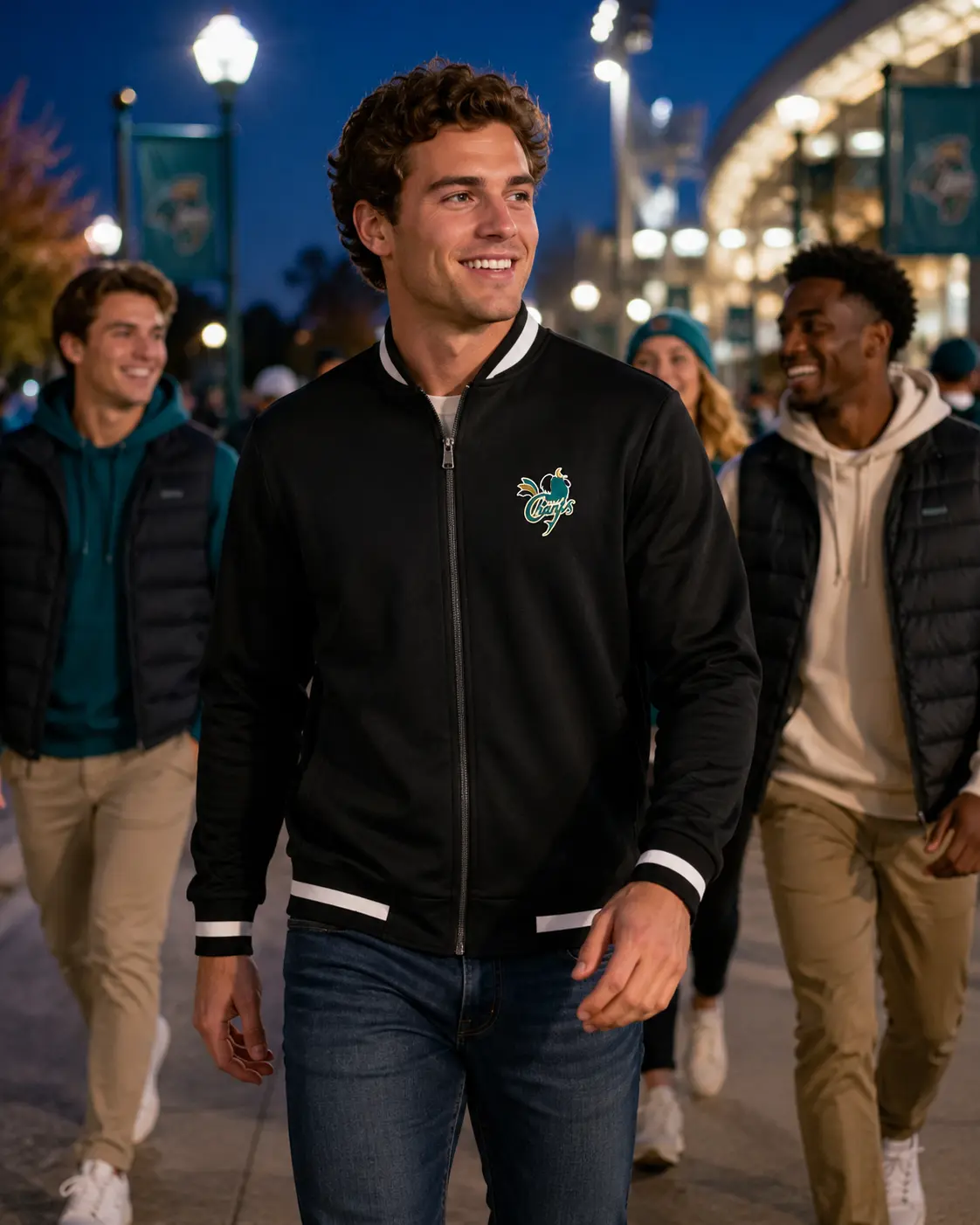 Student wearing the men's full-zip jacket